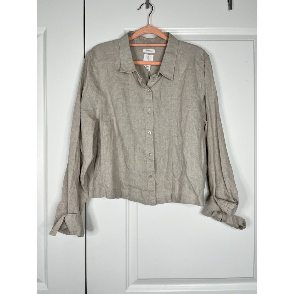 Joie 100% Linen Long Sleeve Button Down Crop Blouse Size XL Oatmeal Tan